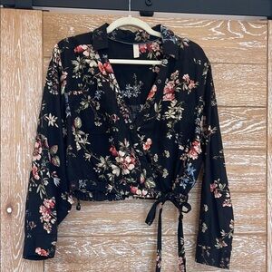 Pilcro Black and Pink Wrap linen blend Blouse Long Sleeve Crop